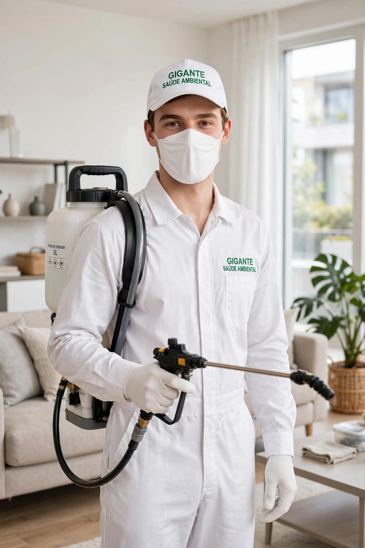 Técnico uniformizado da Gigante Saúde Ambiental realizando aplicação em ambiente residencial